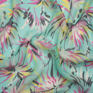 Mint, Pink and Yellow Dreamy Daisies Crinkled Silk Chiffon