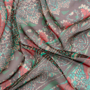 Chocolate, Berry and Turquoise Floral and Geometric Diagonal Stripes Silk Chiffon