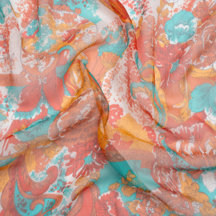 Turquoise, Peach and Orange Ornamental Gardens Crinkled Silk Chiffon