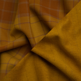 Famous Australian Designer Mustard, Burnt Orange and Brown Plaid Double Cloth Stretch Wool Blend Twill