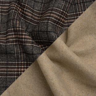 Beige, Brown, and Gray Plaid Wool Double Cloth Coating with Metallic Accents
