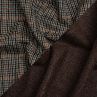 Blue, Orange and Brown Plaid Brushed Wool Blend Double Cloth Coating