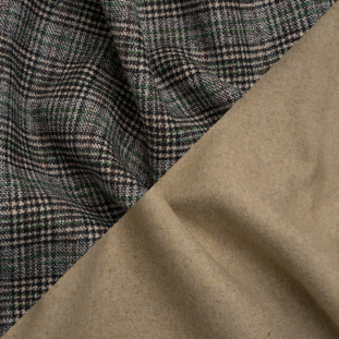 Beige, Green and Black Glen Check Wool Blend Double Cloth Coating with Metallic Accents