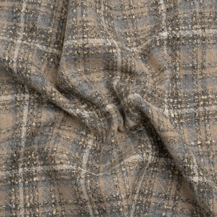 Gray, Beige and White Plaid Wool Blend Tweed Coating