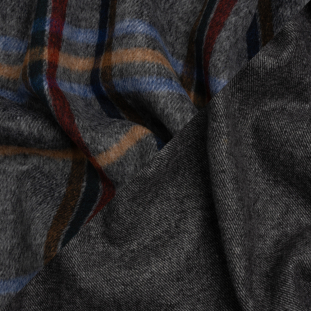 Gray, Blue and Multicolor Plaid Brushed Wool Blend Twill Double Cloth Coating