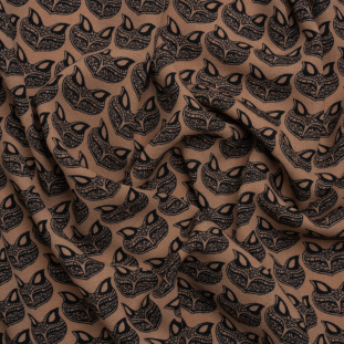 Tan and Black Fox Faces Printed Polyester Woven