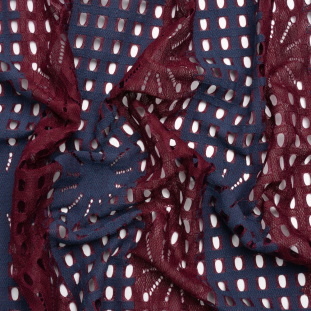 Burgundy and Navy Flowers and Eyelets Striped Re-Embroidered Lace