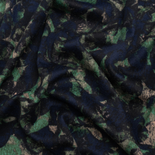 Navy, Green and Taupe Leaf Impressions Polyester Interlock Knit