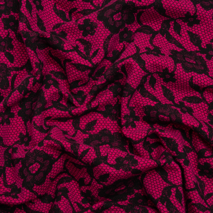 Hot Pink and Black Floral Lace Print Stretch Cotton Jersey