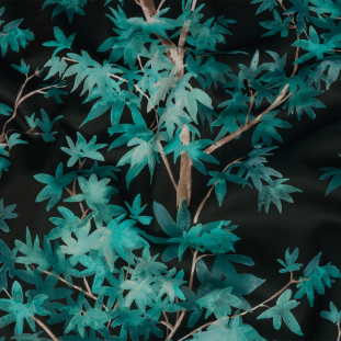 British Imported Teal Watercolor Tropical Branches Printed Polyester Microvelvet