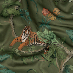 British Imported Olive Lounging Tigers Printed Polyester Microvelvet