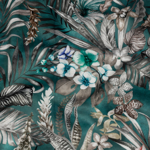British Imported Teal Tropical Florals Printed Polyester Microvelvet