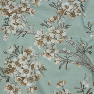 British Imported Seafoam Blossoming Trees and Bees Printed Cotton Canvas