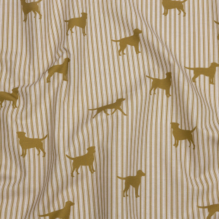 British Imported Gold Dog Silhouettes and Ticking Stripes Printed Cotton Canvas