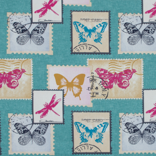 British Aqua Butterfly and Dragonfly Postage Printed Cotton Canvas