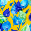 Italian Gamboge and Blue Floral Digitally Printed Silk Charmeuse | Mood Fabrics