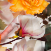 Italian Black, White and Golden Poppy Floral Border Digitally Printed Silk Charmeuse - Detail | Mood Fabrics