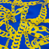 Italian Blue and Yellow Chains Digitally Printed Silk Charmeuse - Detail | Mood Fabrics