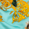 Italian Turquoise and Gold Ornate Floral Digitally Printed Silk Charmeuse - Detail | Mood Fabrics