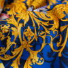 Italian Blue, Red and Gold Ornate Floral Digitally Printed Silk Charmeuse - Detail | Mood Fabrics