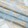 Metallic Gold and Sky Blue Floating Flowers Luxury Burnout Brocade - Folded | Mood Fabrics