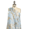 Metallic Gold and Sky Blue Floating Flowers Luxury Burnout Brocade - Spiral | Mood Fabrics