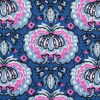 True Blue and Phlox Pink Palmette Printed Stretch Cotton Twill - Detail | Mood Fabrics