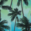 Green and Blue Palm Tree Printed Organic Viscose Batiste - Detail | Mood Fabrics