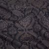 Italian Metallic Gold and Black Damask Printed Stretch Ponte Knit - Detail | Mood Fabrics