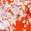 Bright Orange, White and Royal Blue Floral Printed Lightweight Ponte Knit - Detail | Mood Fabrics