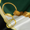 Mood Exclusive Italian Green and Gold Chains and Purse Straps Digitally Printed Silk Charmeuse - Detail | Mood Fabrics