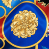 Mood Exclusive Italian Cobalt, Golden Oak and Hot Coral Ornate Digitally Printed Silk Charmeuse - Detail | Mood Fabrics
