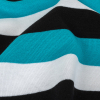 Turquoise, Black and White Awning Stripes Stretch Polyester Jersey - Detail | Mood Fabrics