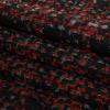 Red, Gray and Black Plaid Boucled Wool Tweed with Metallic Black Eyelash Fringe - Folded | Mood Fabrics