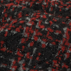 Red, Gray and Black Plaid Boucled Wool Tweed with Metallic Black Eyelash Fringe - Detail | Mood Fabrics