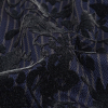 Navy Flocked Flower Vines on Gray and Maritime Blue Striped Herringbone Cotton and Polyester Dobby - Detail | Mood Fabrics
