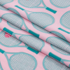 Pink and Teal Tennis Rackets Stretch Polyester ITY Knit - Folded | Mood Fabrics
