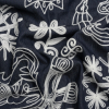 Indigo and White Elephants and Flowers Chainstitch Embroidered Lightweight Cotton Denim | Mood Fabrics