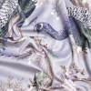 British Imported Pale Iris Peacocks in the Trees Printed Polyester Microvelvet | Mood Fabrics
